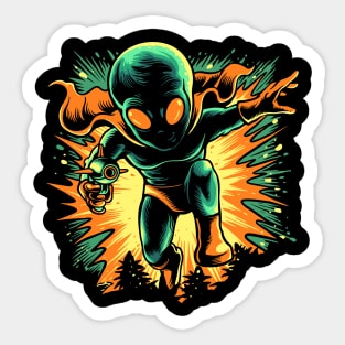 Retro Martian Alien on the Attack with his Ray Gun Sticker